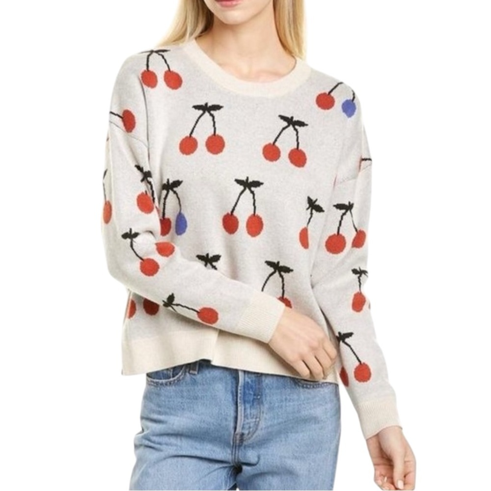 MADEWELL Cherry Jacquard Pullover Sweater in Heather Cement Size XS - SUPER CUTE